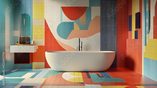 Modern bathroom showcasing colorful or geometric tiles on the floor or walls