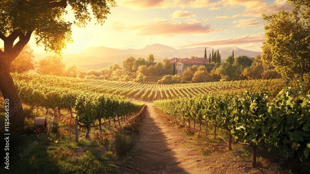 Naklejka premium Vineyard path, sunset, Tuscan villa, idyllic landscape.