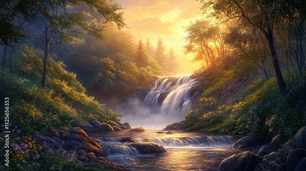 Golden Hour Waterfall Serenity: A Digital Painting of Tranquil Nature Golden Hour Waterfall Serenity: A Digital Painting of Tranquil Nature