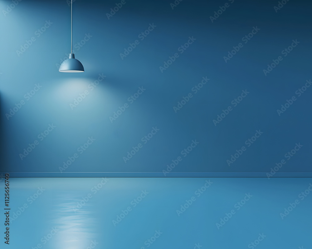 A minimalistic blue room with a pendant light and polished floor. A minimalistic blue room with a pendant light and polished floor.