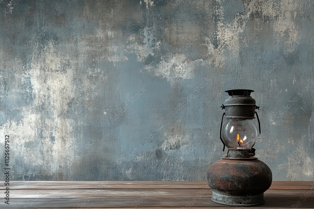 The old kerosene lamp on a wooden floor, old gray cement backdrop. The old kerosene lamp on a wooden floor, old gray cement backdrop.