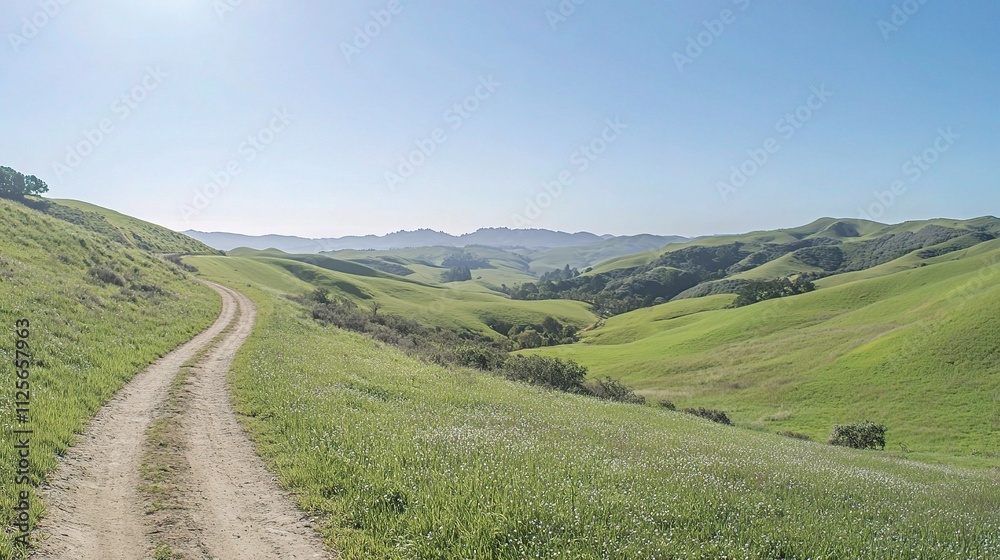 Panoramic View of Serene Countryside Road Surrounded by Lush Hills Panoramic View of Serene Countryside Road Surrounded by Lush Hills