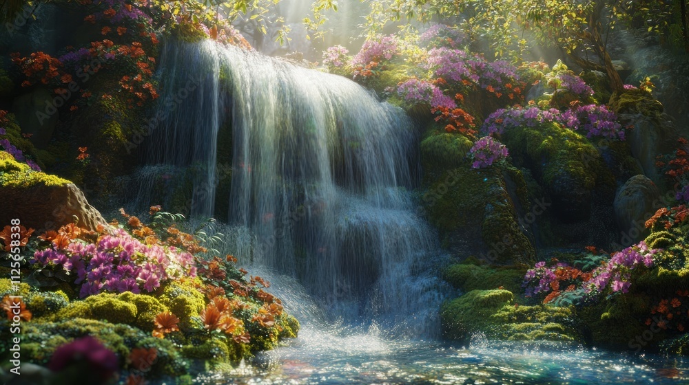 Enchanted Waterfall Cascading Through a Floral Paradise Enchanted Waterfall Cascading Through a Floral Paradise
