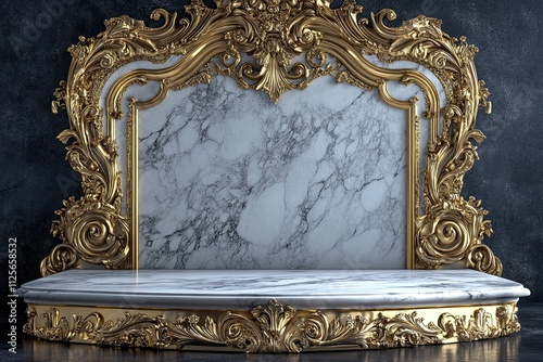 View 3D stone carving image of a beautiful marble luxury empty podium on a richly carved gold podium and cornice art as seen from a corner angle with gold on a dark background  photo