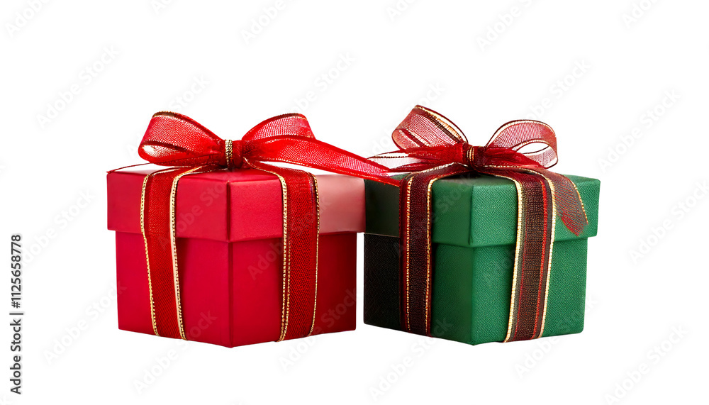 Obraz premium Two Beautifully Wrapped Christmas Presents Red and Green Gift Boxes with Bows