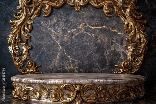 View 3D stone carving image of a beautiful marble luxury empty podium on a richly carved gold podium and cornice art as seen from a corner angle with gold on a dark background  photo