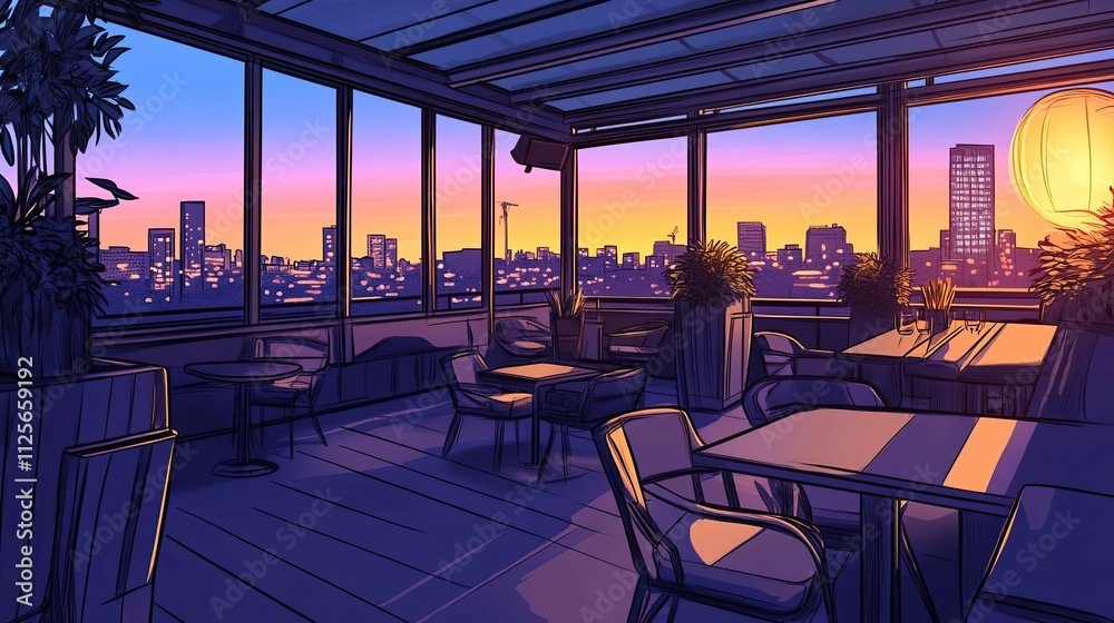 Fototapeta premium Rooftop Restaurant Cityscape Sunset View