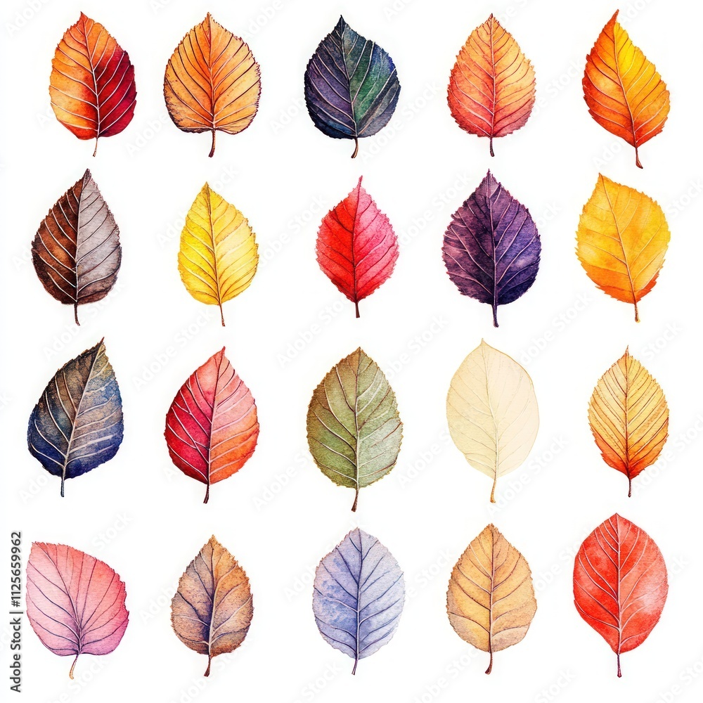 Obraz premium Twenty-four colorful autumn leaves, watercolor painted.