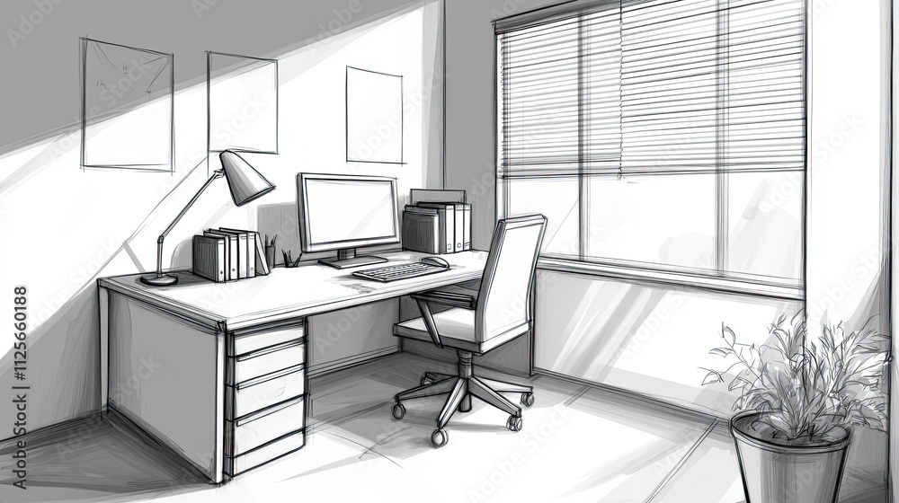 Modern Office Workspace Sketch Design With Window Modern Office Workspace Sketch Design With Window
