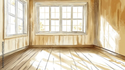 Sunlit Wooden Room With Large Windows And Wooden Floor