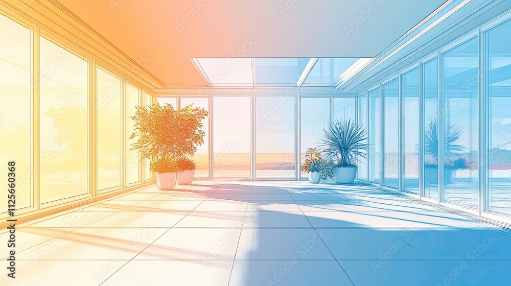 Fototapeta premium Modern Glass Conservatory With Potted Plants And Ocean View