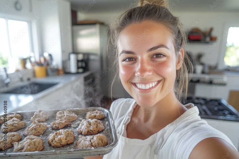 In a bright kitchen, a joyful baker holds a steaming tray of freshly baked cookies, radiating excitement and pride in her baking achievements with delightful aromas filling the air. In a bright kitchen, a joyful baker holds a steaming tray of freshly baked cookies, radiating excitement and pride in her baking achievements with delightful aromas filling the air.