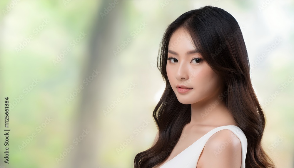 A captivating portrait of a young Asian woman with flawless skin and long, flowing dark hair. She exudes elegance and beauty. A captivating portrait of a young Asian woman with flawless skin and long, flowing dark hair. She exudes elegance and beauty.