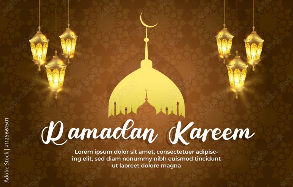 Fototapeta premium ramadan kareem 2025 template banner with beautiful islamic ornament with brown background design 040