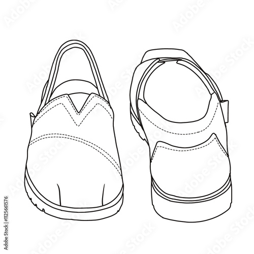 Women's Slip On Loafers Flat Shoes Line art, Technical sketch hand drawing outline vector doodle front and rear view isolated on white background for coloring page