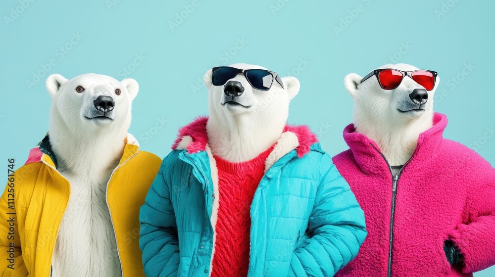 Fototapeta premium Group of three anthropomorphic polar bears with sunglasses and colorful winter clothing isolated on light blue background