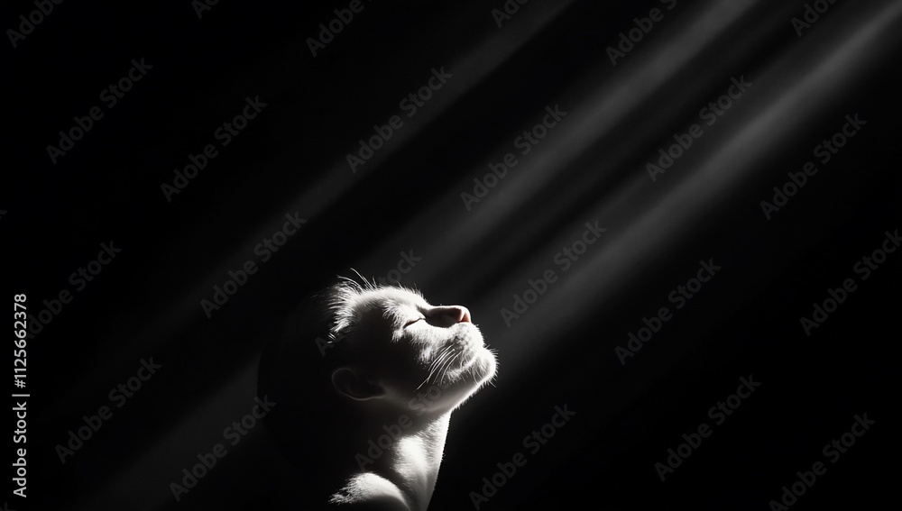 Obraz premium A serene figure gazes upward, illuminated by soft beams of light.