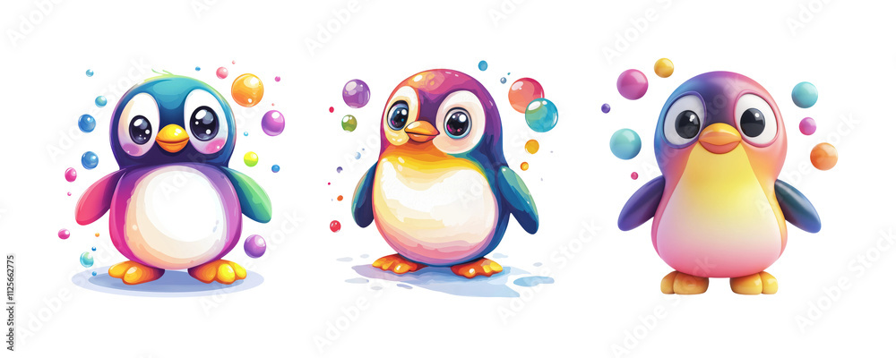 Fototapeta premium Colorful Cartoon Penguins with Bubbles on Transparent Background