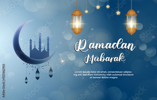 ramadan mubarak 2025 template banner with beautiful islamic ornament with blue background design 043