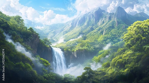 Serene Scenic Mountain Range with Cascading Waterfall in Nature