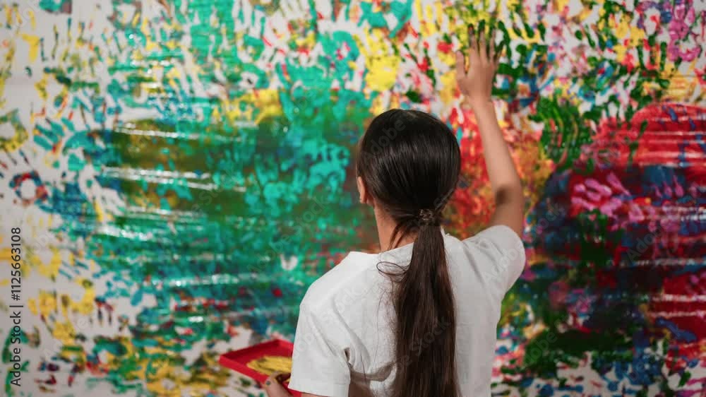 Back view of young cute girl raise hand to paint the colorful stained wall. Attractive high school student paint the wall with hand print while holding color palette. Creative activity. Edification