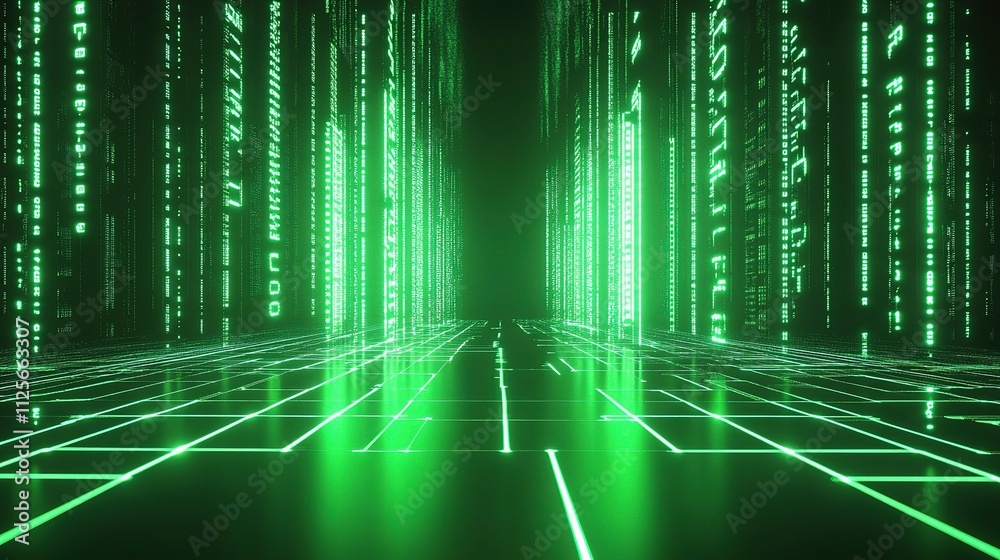 Digital Matrix with Glowing Lines and Backdrop in 5D Perspective Digital Matrix with Glowing Lines and Backdrop in 5D Perspective