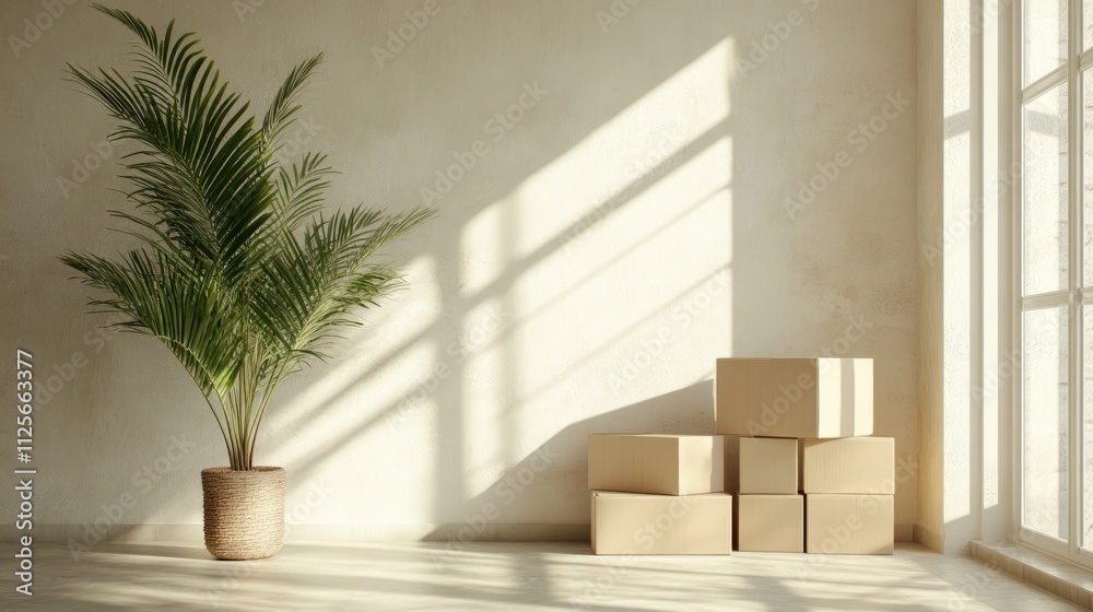 Cozy interior with plants and stacked boxes. Cozy interior with plants and stacked boxes.