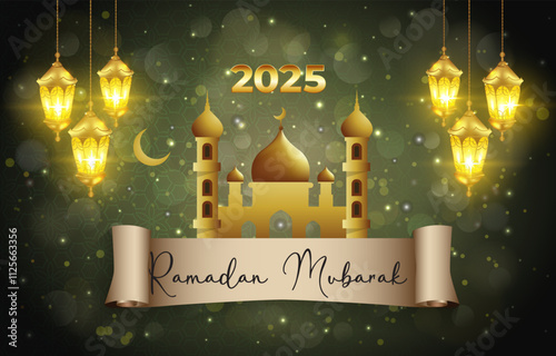ramadan mubarak 2025 template banner with beautiful islamic ornament with green background design 033
