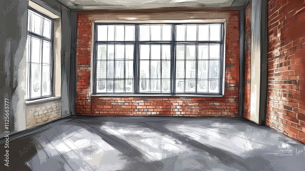 Sunlit Loft Room With Brick Walls And Large Windows Sunlit Loft Room With Brick Walls And Large Windows