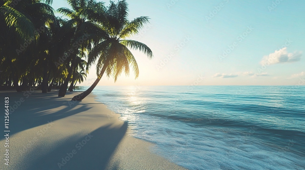 Naklejka premium Tranquil Tropical Beach Paradise with Palm Trees and Gentle Waves