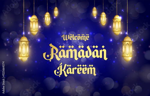 welcome ramadan kareem 2025 template banner with beautiful islamic ornament with blue background design 025