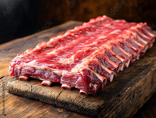 Raw Lamb Ribs on Rustic Wooden Board - Butcher Shop Meat photo