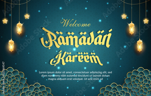 welcome ramadan kareem 2025 template banner with beautiful islamic ornament with green background design 023