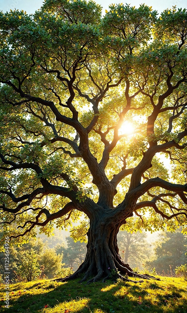 Fototapeta premium Tree with sprawling branches and lush foliage bathed in warm sunlight filtering through the leaves, outdoor, forest