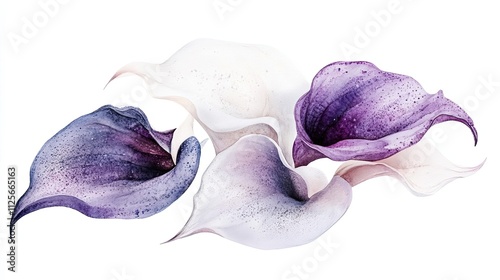 Fototapeta Naklejka Na Ścianę i Meble -  Watercolor Painting of Elegant Purple and White Calla Lilies