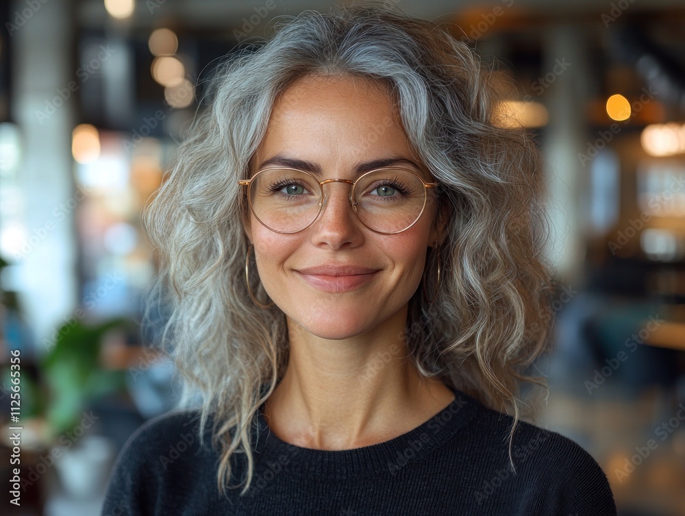 Smiling woman with curly hair and glasses indoors.