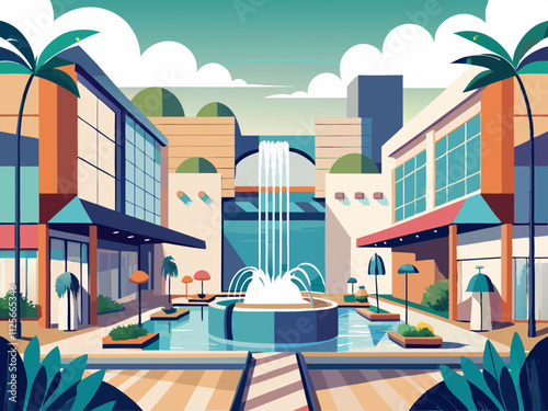 colorful illustration of a chic, open-air mall with cascading water features and modern signage.