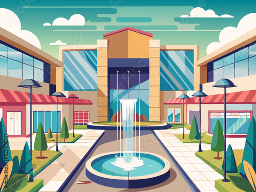 colorful illustration of a chic, open-air mall with cascading water features and modern signage.