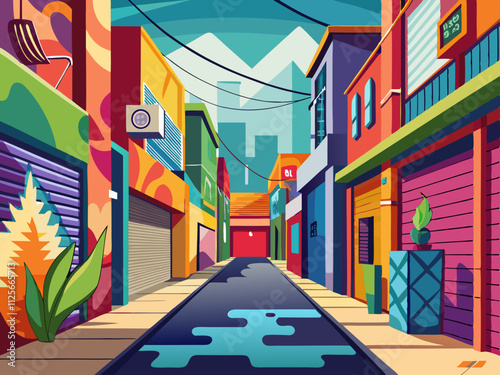 colorful illustration of a hip urban alleyway with colorful wall art and industrial details.