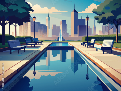 colorful illustration of a minimalist urban park with reflective pools and sleek benches.