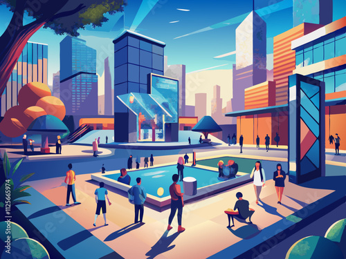 colorful illustration of a public urban plaza with interactive digital art installations.