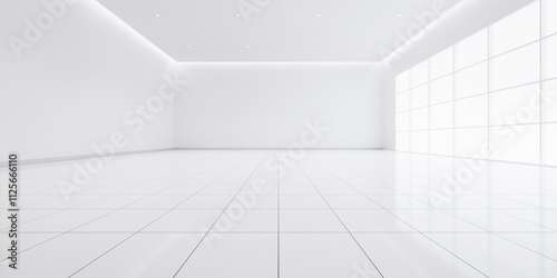 Wallpaper Mural 3d rendering of white empty space room, white tile floor in perspective view, ceiling strip light. Modern interior home design look clean, bright surface of tile floor texture pattern for background. Torontodigital.ca