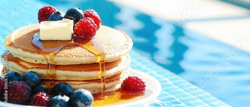 Delicious pancakes with berries poolside breakfast outdoor dining sunny environment close-up view morning treats for a perfect day