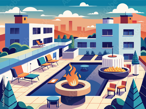 colorful illustration of a stylish apartment rooftop with communal areas and fire pits.