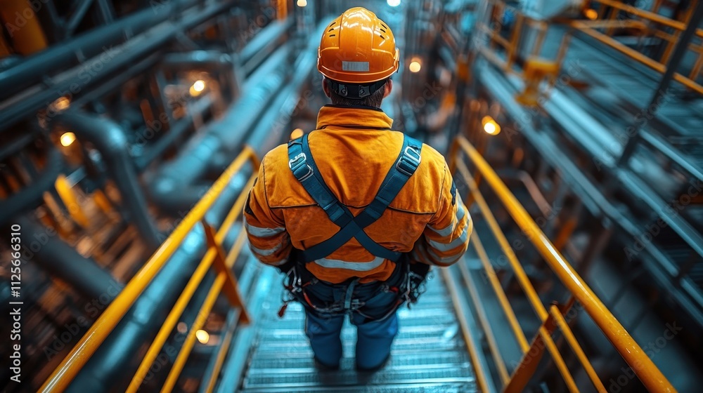 Worker in safety gear on industrial stairs. Worker in safety gear on industrial stairs.