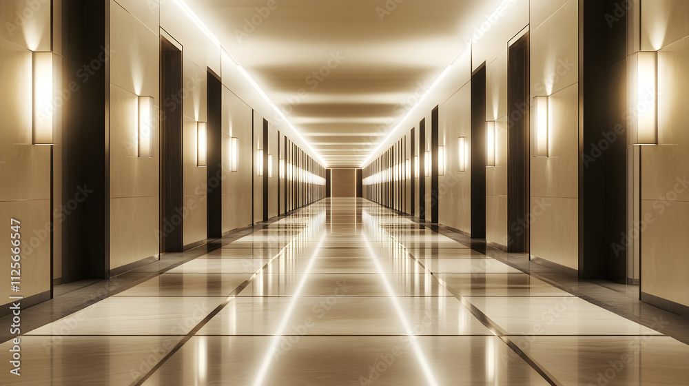 A long, minimalist hallway with sleek lighting fixtures aligned symmetrically, enhancing the modern, clean look