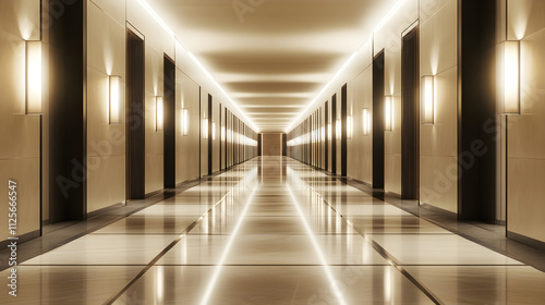 A long, minimalist hallway with sleek lighting fixtures aligned symmetrically, enhancing the modern, clean look