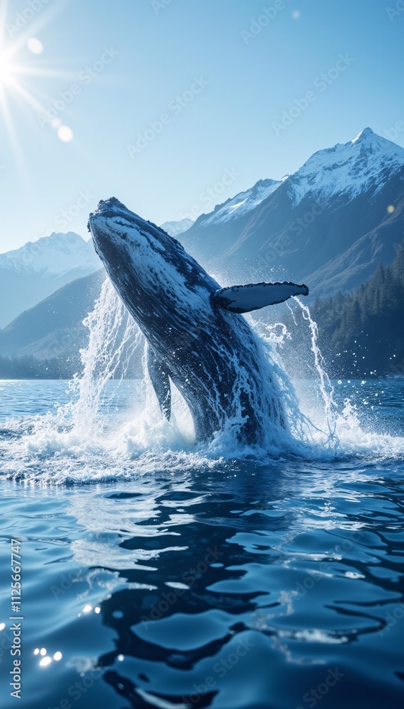 Fototapeta premium Humpback whale with an impressive mood breaching in clear blue water