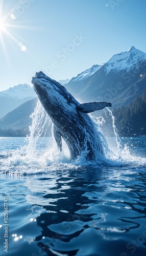 Humpback whale with an impressive mood breaching in clear blue water