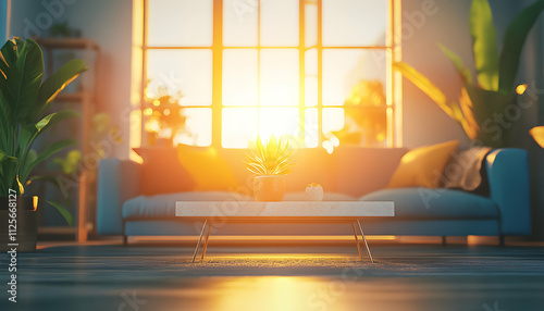 Serene sunset illuminating a modern living room, showcasing a stylish coffee table, comfy sofa, and lush indoor plants.  Perfect for home decor, interior design, and real estate marketing.